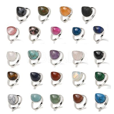 Natural & Synthetic Gemstone Teardrop Adjustable Rings RJEW-K371-08S-1