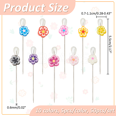 50Pcs 10 Colors Handmade Polymer Clay Flower Iron Head Pins DIY-AB00042-1