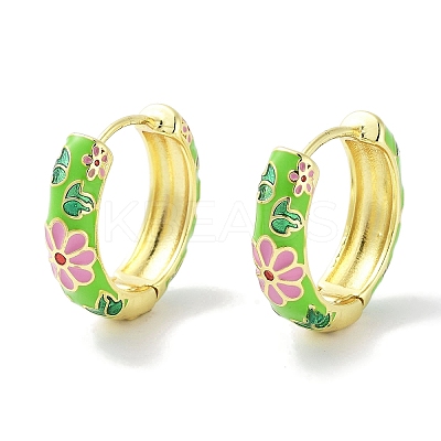 Real 18K Gold Plated Brass Enamel Flower Print Hoop Earrings for Women EJEW-L269-117G-1