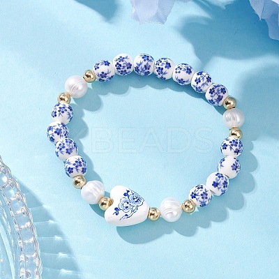 Handmade Flower Printed  Porcelain Ceramic & Natural Cultured Freshwater Pearl Beads Stretch Bracelets for Women BJEW-JB12877-1