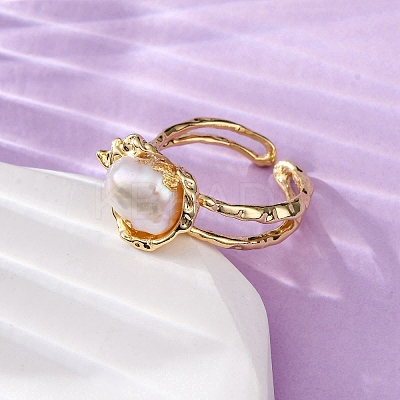 Brass with Natural Pearl Adjustable Cuff Rings RJEW-Q023-02G-1