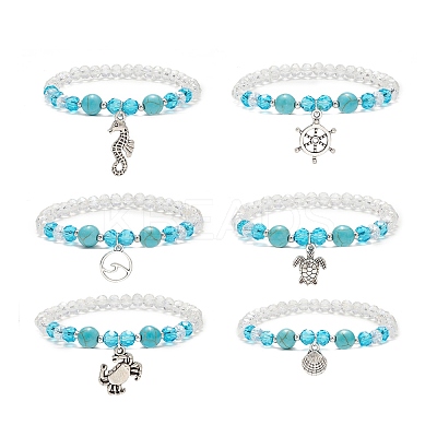6Pcs 6 Style Synthetic Turquoise & Glass Beaded Stretch Bracelets Set BJEW-JB08995-1