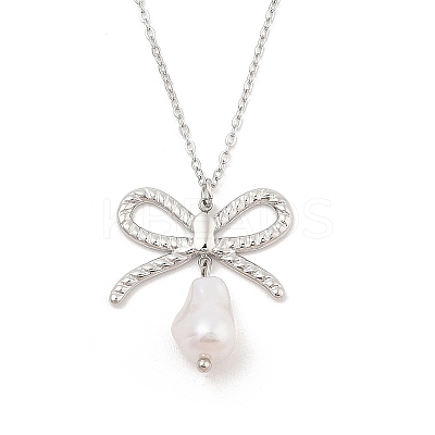 304 Stainless Steel & Plastic Pearl Bowknot Pendant Cable Chain Necklaces NJEW-H044-09P-1