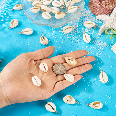 60Pcs 2 Colors Natural Cowrie Shell Pendants PALLOY-TA00305-1