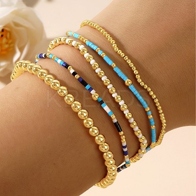 5Pcs 5 Styles Round Brass & Column Glass Seed Beads Stretch Bracelets YH8018-5-1