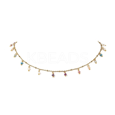 Faceted Round Natural Apatite & Amethyst & Rhodonite & Sunstone & Apatite & Ruby Tassel 304 Stainless Steel Cable Chain Necklaces with Natural Pearl NJEW-JN06470-1