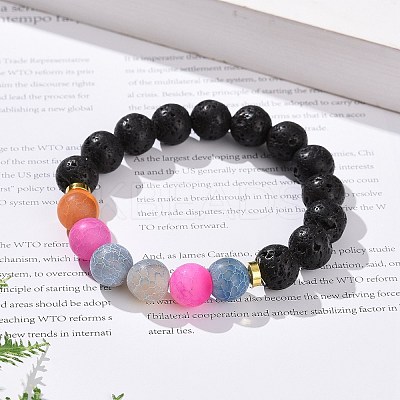 Natural Weathered Agate(Dyed) & Lava Rock Round Beaded Stretch Bracelet BJEW-JB08501-1