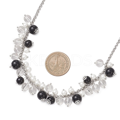 3Pcs 3 Colors Round Glass Beaded Bib 304 Stainless Steel Rolo Chain Necklaces NJEW-JN05359-1