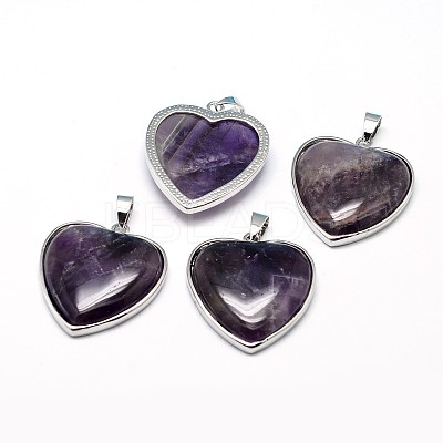Heart Platinum Plated Brass Natural Amethyst Pendants G-F228-10B-RS-1