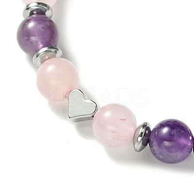 Natural Rose Quartz & Amethyst & Brass Heart Braided Bead Bracelet BJEW-JB09703-03-1
