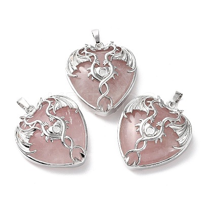 Natural Rose Quartz Heart Pendant Rhinestone Settings G-K339-01P-04-1