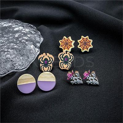 Halloween Spider Ghost Spider Web Wood Stud Earring Sets EJEW-OY002-02-1