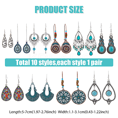 10 Pairs 10 Style Synthetic Turquoise Teardrop & Flat Round & Fan Dangle Earrings EJEW-FI0001-45-1