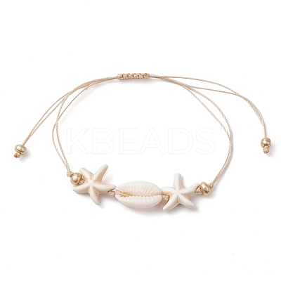 Synthetic Turquoise & Cowrie Shell Braided Starfish & Shell Shape Bead Bracelets for Women BJEW-JB10197-01-1
