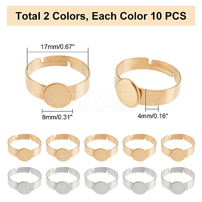 20Pcs 2 Colors Ion Plating(IP) Adjustable 304 Stainless Steel Finger Rings Components STAS-UN0032-61-1