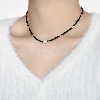 Natural Black Spinel Faceted Rondelle and Freshwater Pearl Beaded Necklaces AF5401-1