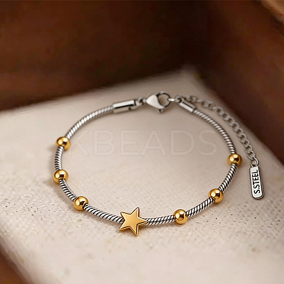 Duo Tone 201 Stainless Steel Star Round Snake Chain Bracelets for Women WGA233C-01-1