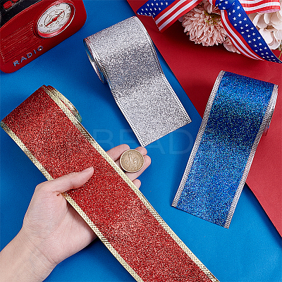 3 Rolls 3 Colors Sparkle Polyester Ribbon with Glitter Powder OCOR-PH0005-54-1