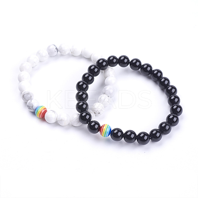 Natural Howlite & Dyed & Heated Black Agate Beaded Stretch Bracelets G-I197-04-1