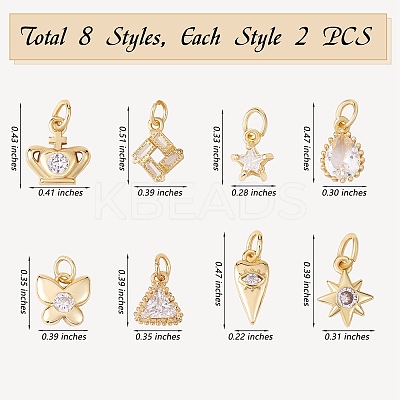 16Pcs 8 Style Brass Micro Pave Cubic Zirconia Charms KK-SZ0006-15-1