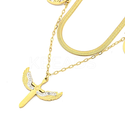 Ion Plating(IP) 201 Stainless Steel Pave Clear Cubic Zirconia Double Layer Cross with Wings Pendant Necklaces NJEW-K270-14G-1