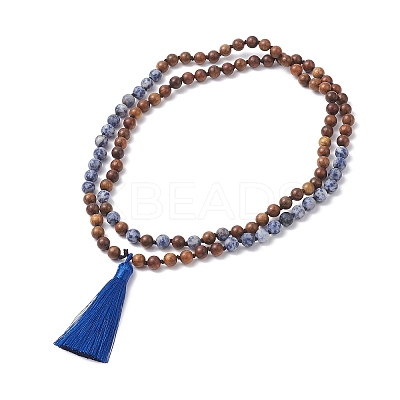 Natural Blue Spot Jasper & Wood Buddhist Necklace NJEW-JN04306-1