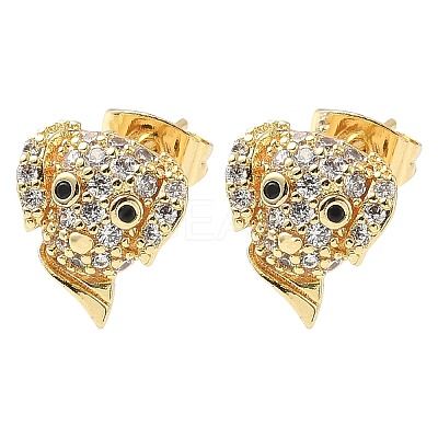 Dog Brass Micro Pave Clear Cubic Zirconia Stud Earrings EJEW-Z144-01G-1
