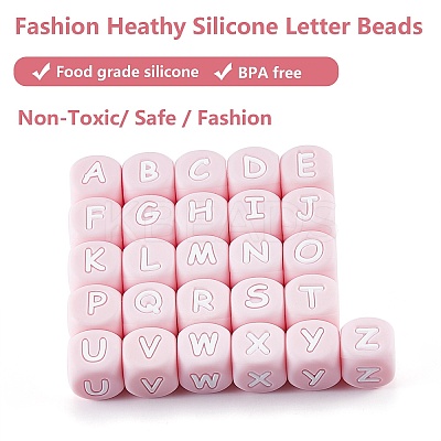 20Pcs Pink Cube Letter Silicone Beads 12x12x12mm Square Dice Alphabet Beads with 2mm Hole Spacer Loose Letter Beads for Bracelet Necklace Jewelry Making JX435R-1