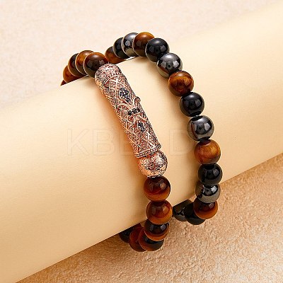 2Pcs 2 Style Dyed & Heated Natural Tiger Eye & Gemstone Stretch Bracelets Set BJEW-SW00092-1