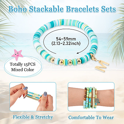 15Pcs Polymer Clay Heishi Beads Stretch Bracelets Sets BJEW-TA00679-1