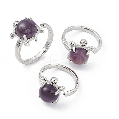 Natural Amethyst Turtle Open Cuff Ring RJEW-P082-01P-01-1