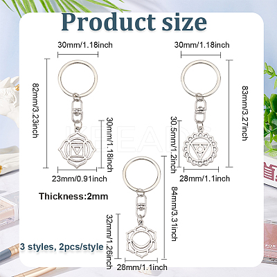 6Pcs 3 Style Chakra Alloy Symbol Pendant Keychains KEYC-FG0001-14-1