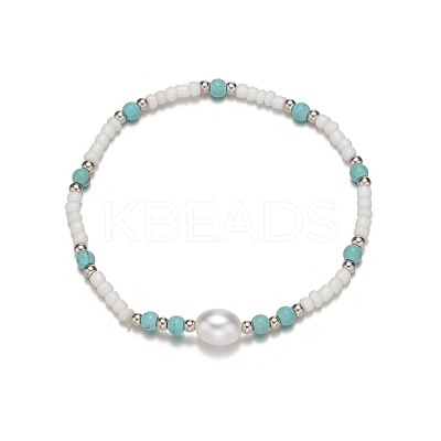 Bohemian Style Resin & Synthetic Turquoise & Rice Plastic Pearl Beaded Stretch Anklets for Women FS-WG314A7-01-1