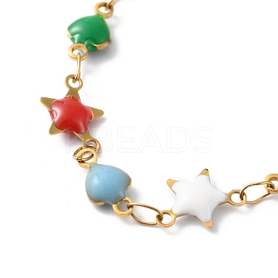 Enamel Star & Heart Link Chain Bracelet BJEW-H585-02G-1