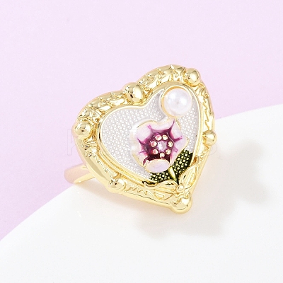 Brass Floral White Enamel Flower Cuff Rings RJEW-C139-18B-G-1