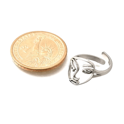 Hollow Human Face 304 Stainless Steel Open Cuff Rings for Women RJEW-M046-03P-1