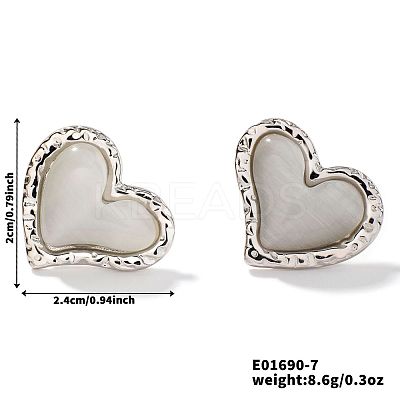 304 Stainless Steel Natural Stone Cat Eye Heart-shaped Stud Earrings GI3370-6-1