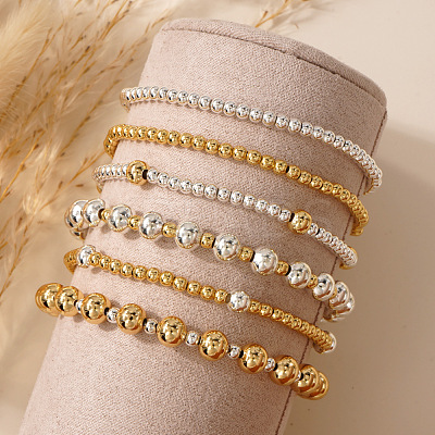 6Pcs 6 Styles Fashion Brass Women's Round Beaded Stretch Bracelet Sets for Layered and Versatile Styles XF3588-2-1