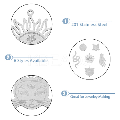 12Pcs 6 Styles 201 Stainless Steel Pendants STAS-DC0013-90-1