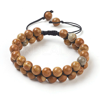 Adjustable Natural Petrified Wood Braided Bead Bracelets BJEW-E351-01H-1