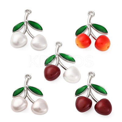 Brass Green Enamel & Plastic Cherry Pendants KK-I276-17P-1