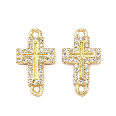 Cross Brass Micro Pave Clear Cubic Zirconia Connector Charms KK-P339-04G-1
