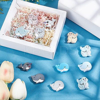 12Pcs 12 Style Whale/Dolphin/Sea Dog Food Grade Eco-Friendly Silicone Beads SIL-FH0001-11-1