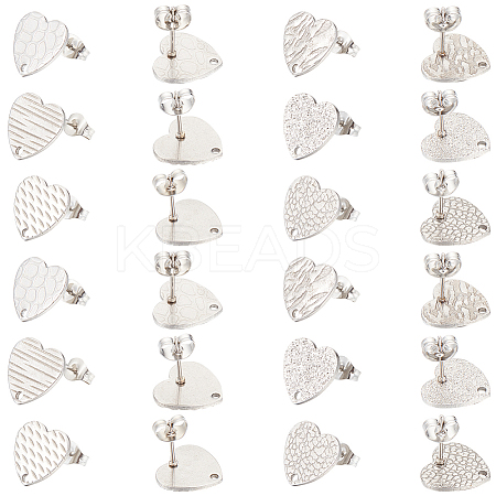 48Pcs 6 Styles Textured Heart 304 Stainless Steel Stud Earring Findings STAS-SP0001-48-1