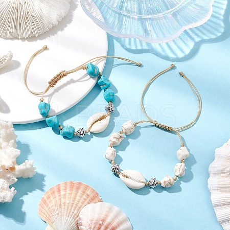 2Pcs Adjustable Synthetic Turquoise Dyed Beads & Natural Cowrie Shell Beaded Braided Bead Bracelets for Women BJEW-JB11544-1