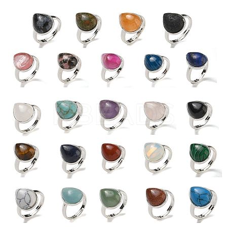 Natural & Synthetic Gemstone Teardrop Adjustable Rings RJEW-K371-08S-1