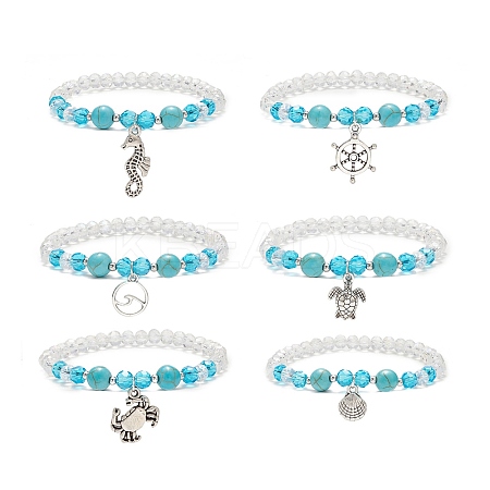 6Pcs 6 Style Synthetic Turquoise & Glass Beaded Stretch Bracelets Set BJEW-JB08995-1
