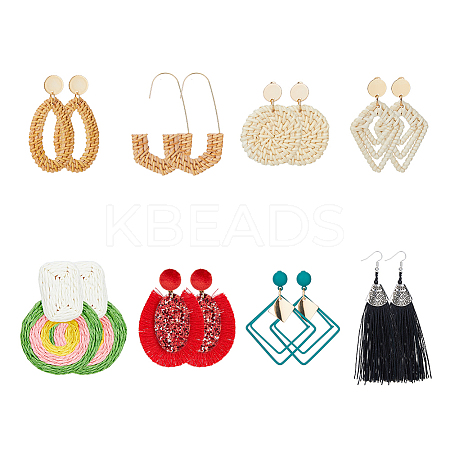 8 Pairs 8 Style Alloy & Raffia & Wood & Polyester Dangle Stud Earrings for Women EJEW-FI0002-76-1