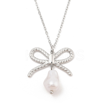 304 Stainless Steel & Plastic Pearl Bowknot Pendant Cable Chain Necklaces NJEW-H044-09P-1