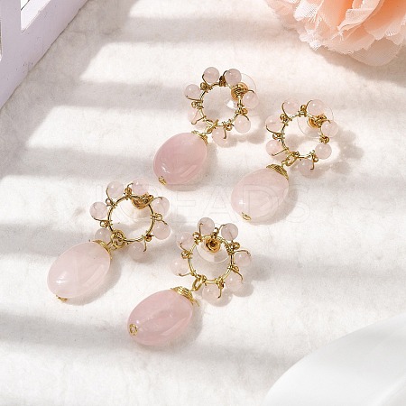 Natural Rose Quartz Dangle Stud Earrings EJEW-G454-01G-05-1